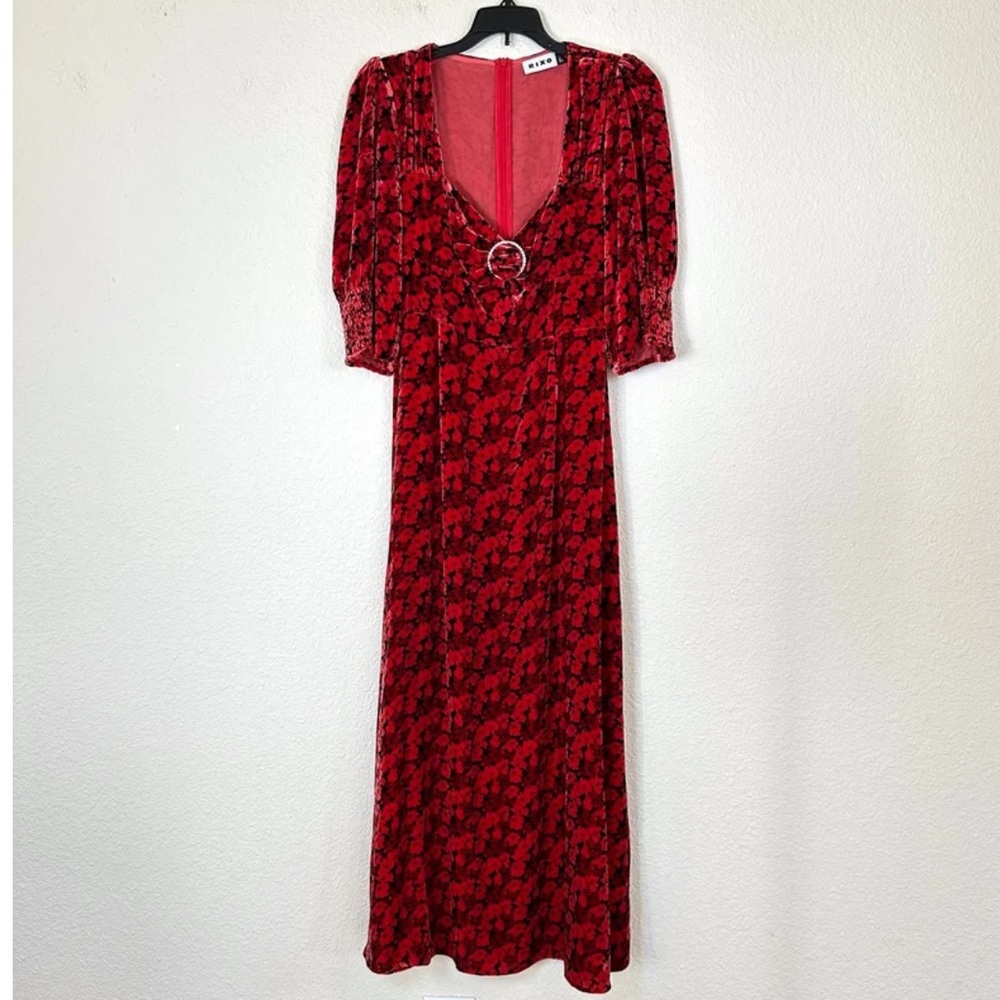 Rixo London Karen Mystic Bloom Red Floral Velvet Silk Puff Sleeve Midi Dress S